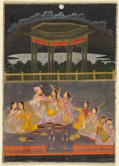 Princ slavící Holi s palácovými ženami na noční terase, asi 1760 (neprůhledný akvarel a zlato na papíře) od School Mughal