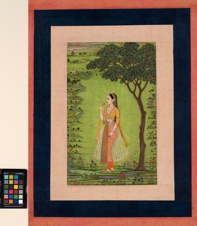 Žena stojící u stromu, držící květinu, cca 1720 (neprůhledné w/c a zlato na papíře) od School Mughal