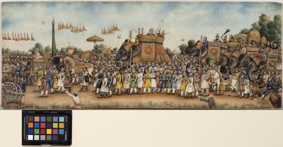 Akbar Shah II jede na slonovi v obrovském průvodu, kolem roku 1835 (neprůhledný akvarel a zlato na slonovině) od School Mughal