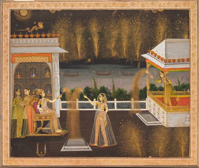 Dámy slavící Diwali, cca 1760 (neprůhledný akvarel a zlato na papíře) od School Mughal