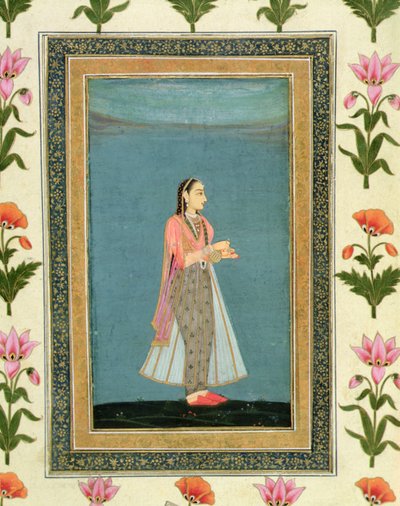 Dáma držící láhev na víno a pohár z Velkého alba Clive (akvarel na papíře) od School Mughal