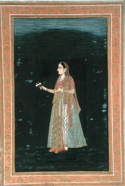 Dáma držící květiny, z malého alba Clive (neprůhledný akvarel na papíře) od School Mughal