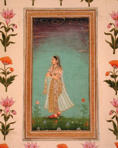 Dáma procházející květinami, z malého alba Clive (neprůhledný akvarel na papíře) od School Mughal
