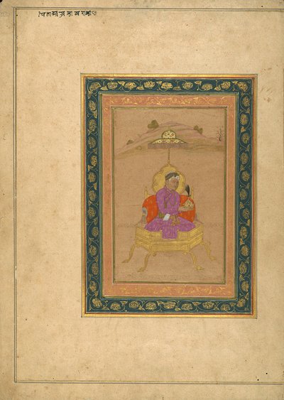 3. mughalský císař Akbar seděl na královském trůnu a držel svou korunu od School Mughal