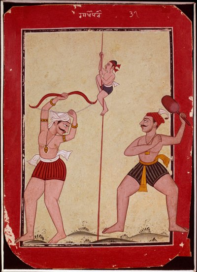 Tři sportovci během tréninku (lano, lukostřelba a hra na sněžnicích) (Miniatura od School Mughal