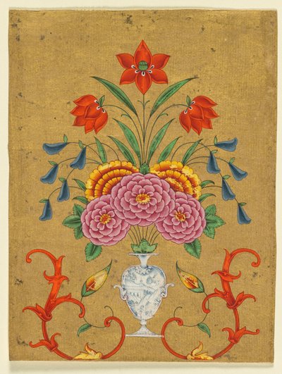 Váza s květinovým aranžmá a svitky, asi 1750-1800 (neprůhledný akvarel se zlatem na papíře) od School Mughal