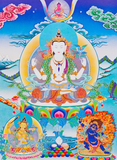 Obrázek znázorňující Chenresiho, pána šesti slabik „Óm Mani Padme Hum“ (kvaš na látce) od School Nepalese