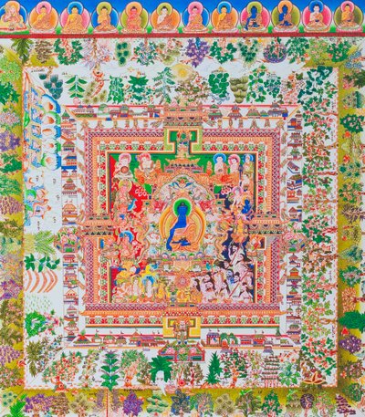 Medicínský Buddha Mandala, ústřední postava Bhaisajyagurua, představuje nejvyššího léčitele v klášterním rouchu s miskou obsahující léčivé rostliny (kvaš na látce) od School Nepalese