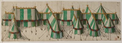 Cotton Augustus III, f.19 Návrh královského pavilonu v tudorovských barvách bílé a zelené, údajně pro Jindřicha VIII. na poli zlaté látky od School Netherlandish