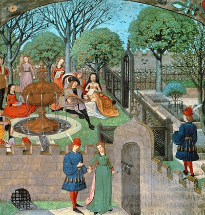 Harl 4425 f.12v Zahradní scéna, milenka a dáma Oyseuse (Nečinnost) mimo zahradní zdi, z 