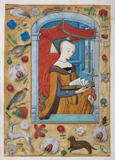 Králové 9, f.62v Pochvala svaté Markétě. Světice s křížem v levé ruce stojí pod baldachýnem a čte si s drakem za zády. Hranice dekorace trompe l