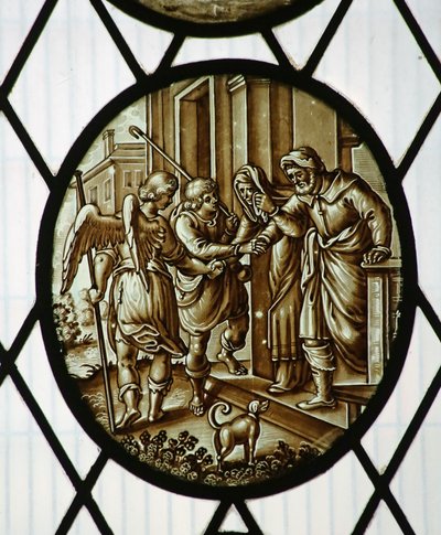 Rondel: Tobiáš odchází s andělem, pravděpodobně 19. století (vitráže) od School Netherlandish