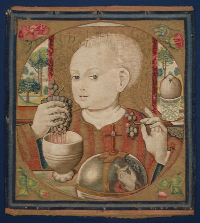 Jezulátko lisuje eucharistické víno, cca 1500 (lněné osnovní, vlněné, hedvábné a zlacené útkové příze) od School Netherlandish