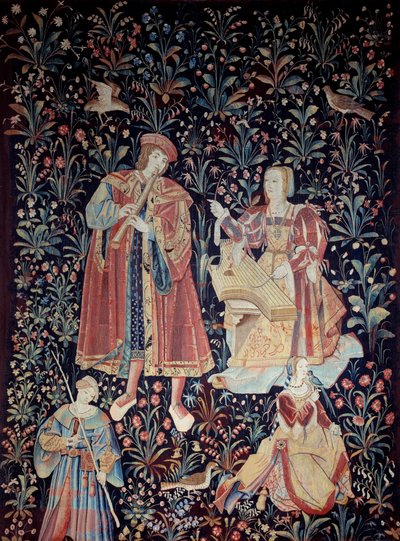 Opona života Seigneuriale: koncert Tapiserie z vlny a hedvábí vyrobené kolem roku 1520 v Nizozemsku. Slunce 2,6x3,7 m Paříž, národní muzeum středověku, Thermes de Cluny od School Netherlandish
