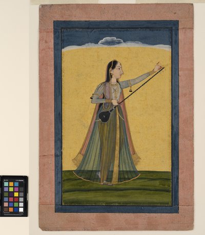 Žena ladí tamburu, cca 1740 (neprůhledný akvarel na papíře) od School Pahari