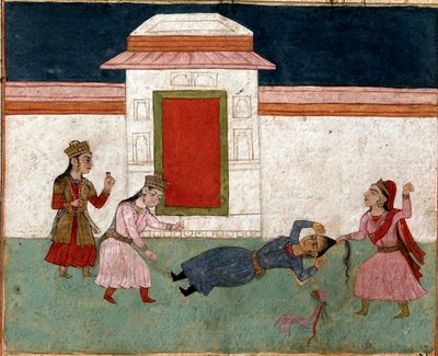 Islámské umění: dvě konkubíny bojující v harému, oblíbená chytne svého rivala za vlasy. Perská miniatura z rukopisu epické básně „Shahnameh““ (Shah Nama, Shahnama) (Kniha králů) od Ferdowsiho (Firdawsi, nebo Ferdawsi, nebo Firdousi, asi 940-kolem 10 od School Persian