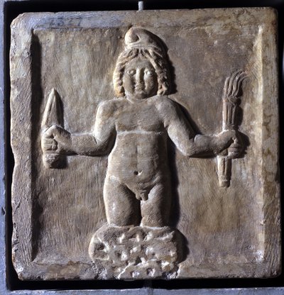 Znázornění Mitra (nebo Mithra), íránského božstva, zrozeného ze skály. Nízká úleva. Je reprezentován sdílením jídla se Solem. Palác konzervativců, Řím. od School Persian