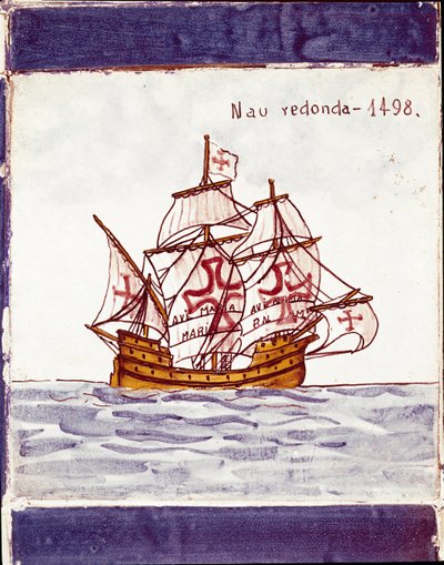 Znázornění karaky (hlavní lodi) portugalské flotily (kresba na keramice od School Portuguese