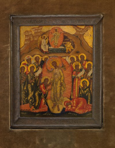 Anastasis (Bránění pekla), asi 1650-70 (plátkové zlato a tempera na dřevě) od School Russian