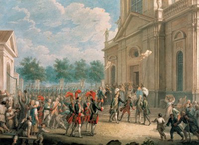 Kateřina II. (1729-1796) na schodech kazaňského dómu (Petrohrad), přivítána duchovními v den svého nástupu na trůn, 28. června 1762. (Kateřina II. na schodišti kazaňského dómu, pozdravena duchovenstvem v den o od School Russian