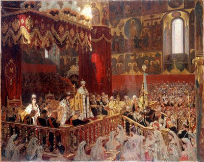 Korunovace Mikuláše II v roce 1896 v Ousensky katedrále v Moskvě - Anonymní ruský obraz od School Russian