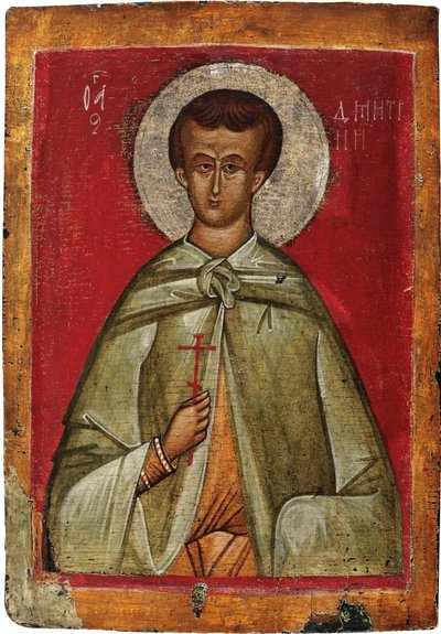 Demetrios de Thessaloniki (Dimitrios, Dimitri ou Demetre, mučedník vers 306) - Svatý Demetrius Soluňský - ruská ikona. Tempera na panelu od School Russian