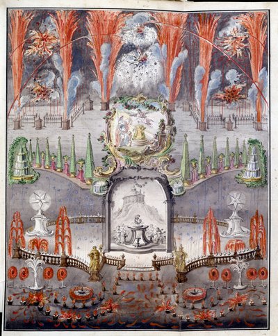 Ohňostroj a iluminace 17. září 1747 v Gostilitsy (Rusko). Anonymní dílo, mědirytina kolorovaná akvarelem, polovina 18. století. ruské umění od School Russian