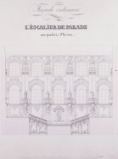 Vnitřní průčelí Přehlídkových schodů u Zimního paláce; Vnitřní fasáda Parade Staircase v Zimním paláci, kolem roku 1838 (kresba perem a tuší na papíře) od School Russian