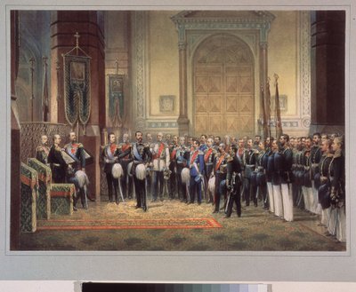 Přísaha věrnosti careviče Nicholase Alexandroviče Romanova Ruska (1843-1865) v armádním kostele. Práce ruského mistra, akvarel na papíře od School Russian