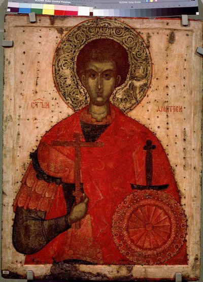 Portrét svatého Demetria z Thessaloniky, křesťanského mučedníka ze 4. století. Ruská ikona 15. století. Tempera na dřevě. Petrohrad, Státní ruské muzeum od School Russian