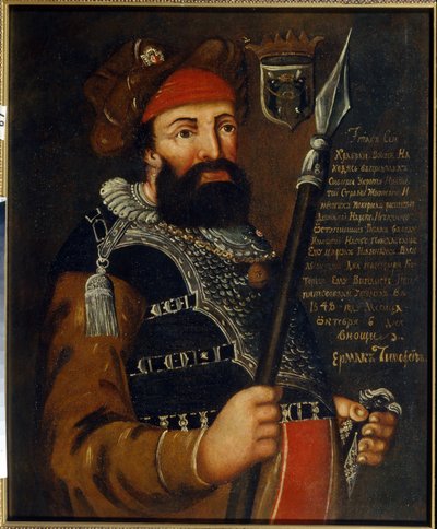 Portrét kozáckého vůdce, dobyvatele a průzkumníka Sibiře Jermaka Timofejeviče (nar. 1532 až 1542-1585) (Portrét kozáckého vůdce a dobyvatele Sibiře Jermaka Timofejeviče). Anonymní obraz, olej na plátně od School Russian