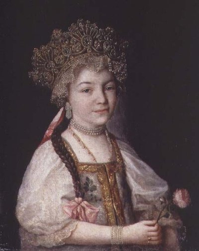 Portrét Alexandry Pavlovny v ruském národním kroji, asi 1790 (olej na plátně) od School Russian
