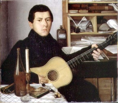 Portrét mladého muže s kytarou, kolem roku 1830 (olej na plátně) od School Russian