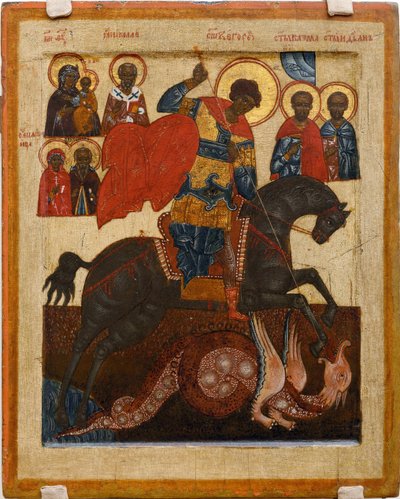 Svatý Jiří a drak, obklopený několika světci - ruská ikona: Svatý Jiří s vybranými svatými. Tempera na panelu od School Russian