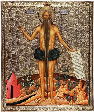 Svatý Onuphrius (Svatý Onuphrius). Onuphre anachorit nebo The Great (4. století), mnich, pak poustevník v Egyptě, je tradičně představován s dlouhým plnovousem a větvemi jako oděv. Anonymní práce z Moskvy, tempera na dřevě, cca od School Russian