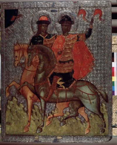 Svatí Boris (nebo Roman) a Gleb (nebo David) na koni (mučedníci v roce 1015) (Svatí Boris a Gleb na koni). Mladší synové svatého Vladimíra, velkoknížete Kyjeva, se vždy vyznačovali zbožností, ale po smrti svého otce, nejstaršího Svia od School Russian
