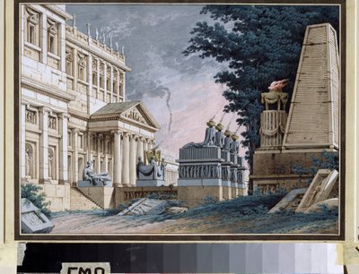 Chrám, scéna pro divadelní hru. Anonymní malování. Akvarel a kvaš na papíře, cca 1800. Ruská divadelní výzdoba. Muzeum Palace Theatre Ostankino, Moskva. od School Russian