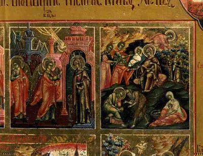 Vzkříšení a sestup do pekla, detail z Okraje svátků zobrazující Zvěstování a Narození Páně (tempera na panelu) od School Russian