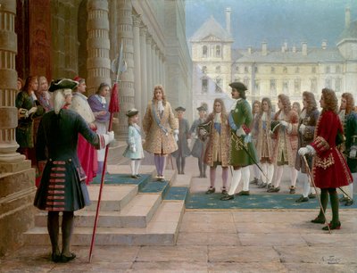 Car Pierre Le Grand (1672-1725) přivítán dítětem Ludvíka XV. ve Versailles v roce 1717 - obraz Gorského (19. století) od School Russian