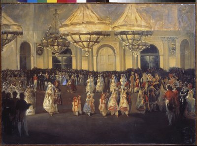 Ples v Zimním paláci (Petrohrad) za Mikuláše I. (1796-1855). Obraz ruského mistra, olej na plátně, kolem 1830. Ruské umění od School Russian