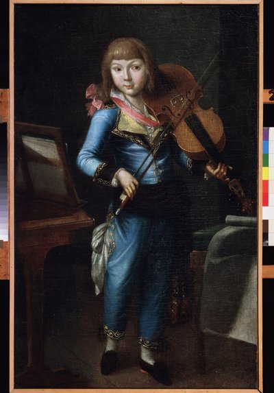 Mladý houslista v modrém obleku. Obraz ruského mistra, olej na plátně, kolem roku 1790. Ruské umění 18. století. Muzeum Palace Theatre Ostankino, Moskva. od School Russian