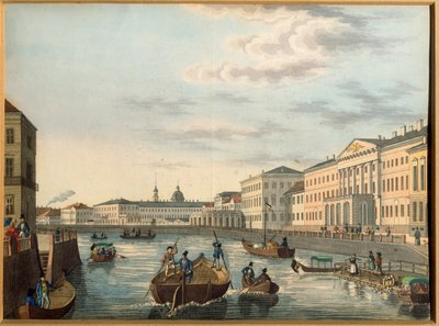 Pohled na řeku Fontanka v Petrohradě. Anonymní dílo, Litografie, kolorováno akvarelem, kolem roku 1820. Ruské umění od School Russian