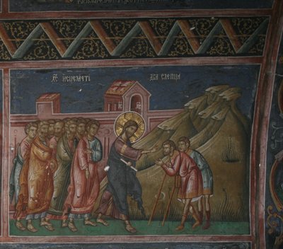 Ježíš uzdravuje dva slepce, patriarchát Peć (freska) od School Serbian