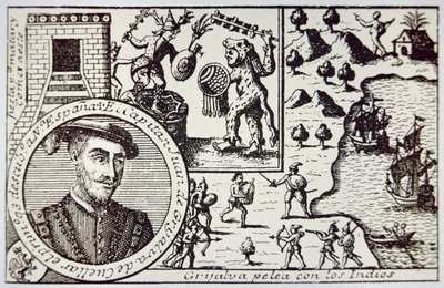 Španělé pod vedením Juana de Grijalvy se vylodili na Yucatánu a střetli se s mayskými válečníky v bitvě u Champoton, květen 1518 (litho) od School Spanish