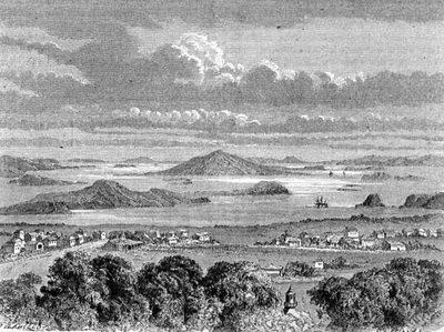 Pohled na Auckland Harbour, ilustrace z „Návratu do světa“ od School Spanish