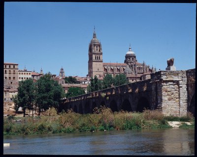 Pohled na římský most na řece, Tormes a katedrálu od School Spanish