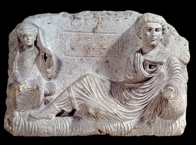 Pohřební reliéf ve vápenci Taime a jeho manželky. z Palmýry. 200 našeho letopočtu. Paříž, muzeum Louvre od School Syrian