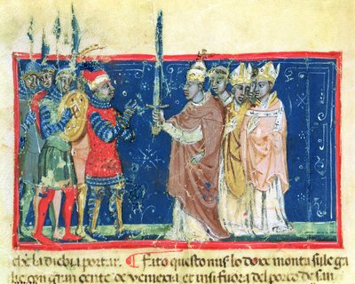 Codex Correr I 383 Papež Alexandr III (1105-81) předává meč dóžeti Sebastianu Ziani (pergamen) od School Venetian