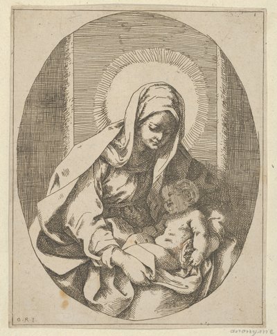Panna na klíně drží malého Krista, oválná kompozice, podle Reni, 1620-50., 1620-50. od School of Guido Reni