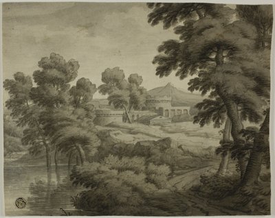 Italská krajina s hradem, stromy a vodou v popředí od School of Nicolas Poussin